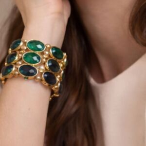 Gold Tone Green Oval Stone Stretch Bracelet 8" x 2" Chunky Statement